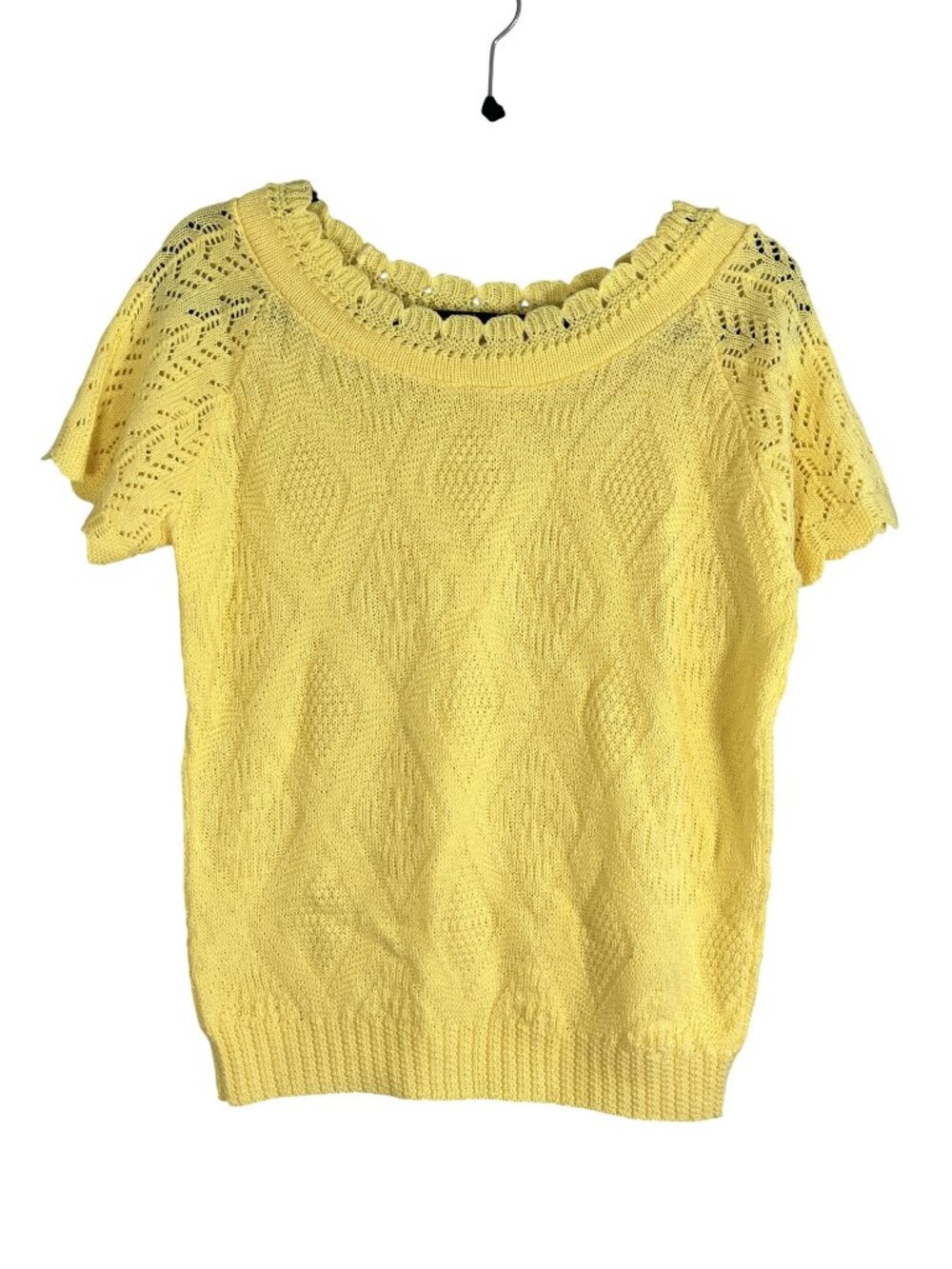 Colorful Knit Sweater Yellow XS Scalloped Preppy Feminine Neutral Argyle Chic